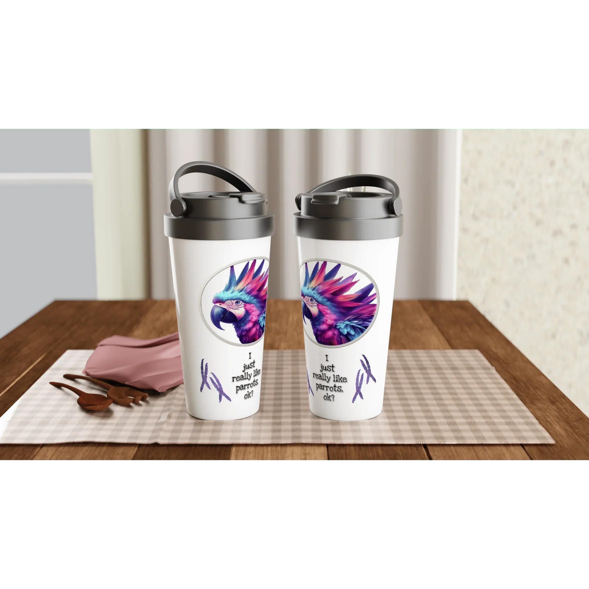 White 15oz Stainless Steel Travel Mug Funky Parrot - Papegaaishop