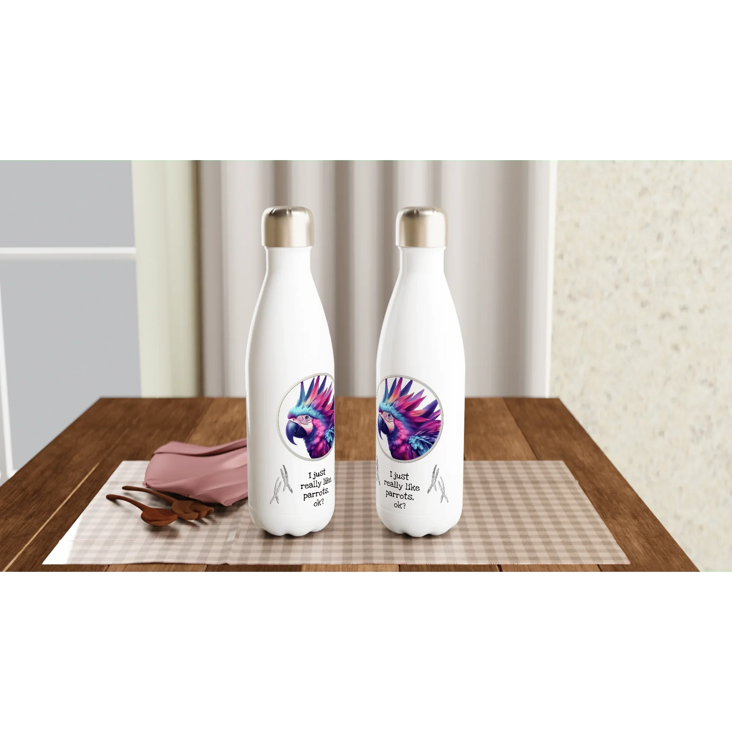 White 17oz Stainless Steel Water Bottle Funky Parrot - Papegaaishop