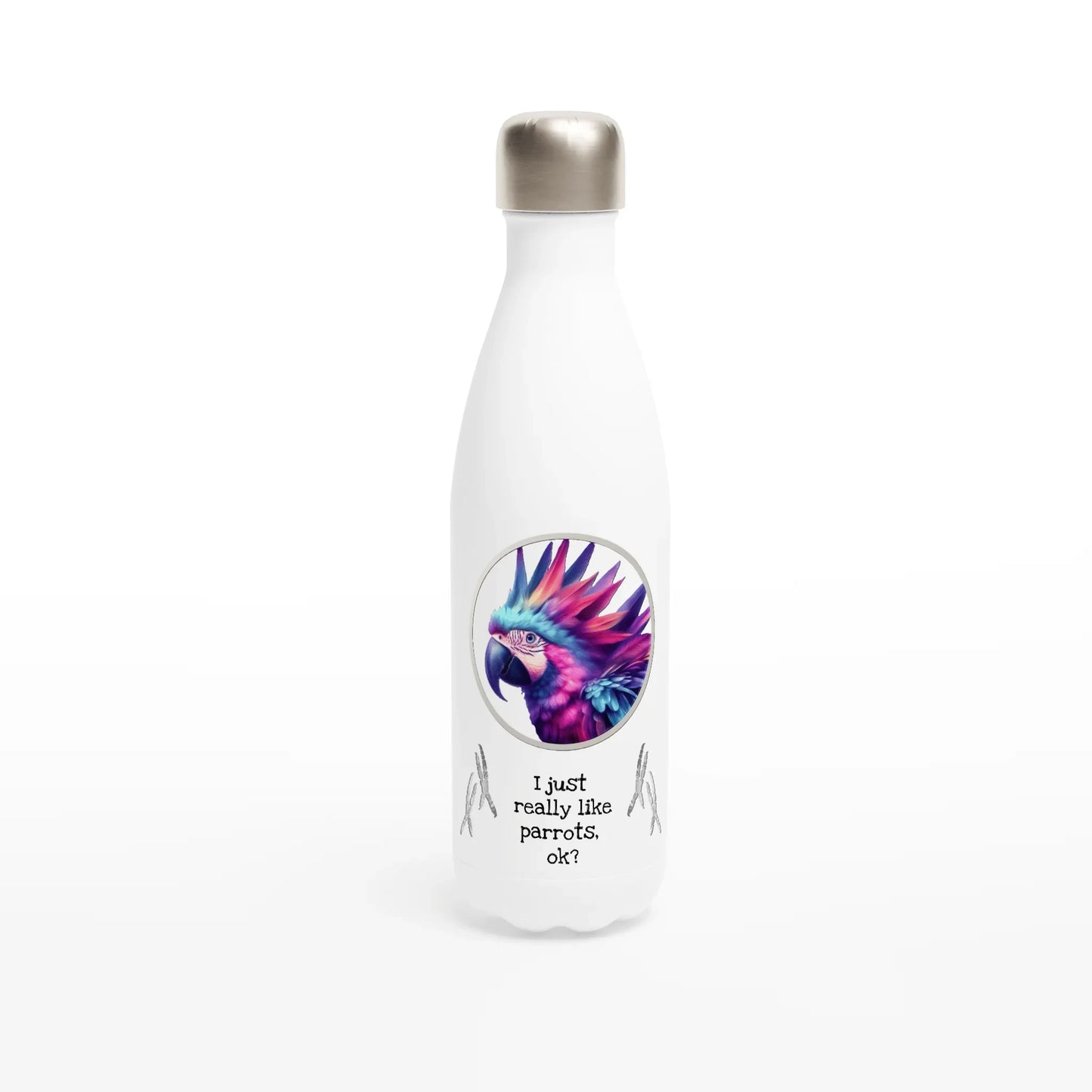 White 17oz Stainless Steel Water Bottle Funky Parrot - Papegaaishop