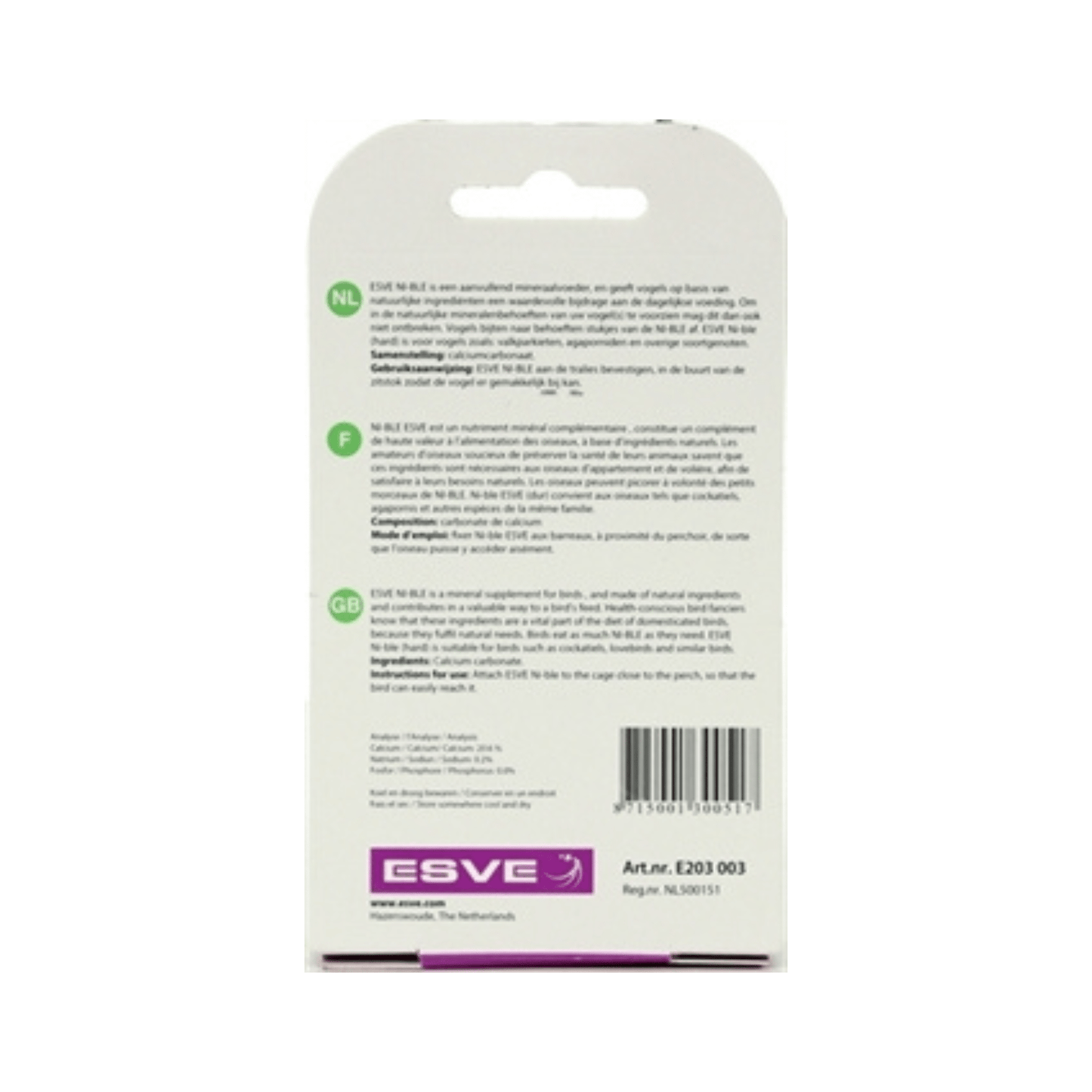 Esve piksteen mineralenblok grote parkieten naturel groen 35 gr mineral block for large parakeets with calcium carbonate