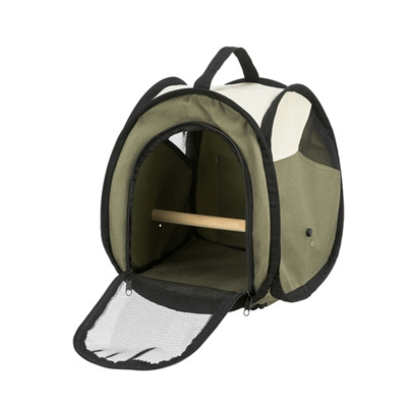 Trixie vervoerstas vogel groen 27x32x27 cm with wooden perch, ventilation mesh, and side pocket for bird transport.