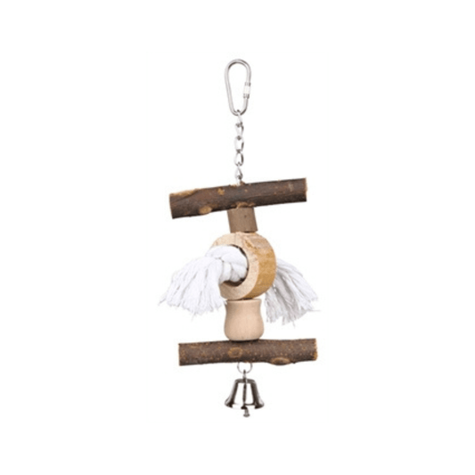 Trixie speelgoed schorshout en touw met bel 20 cm - Papegaaishop