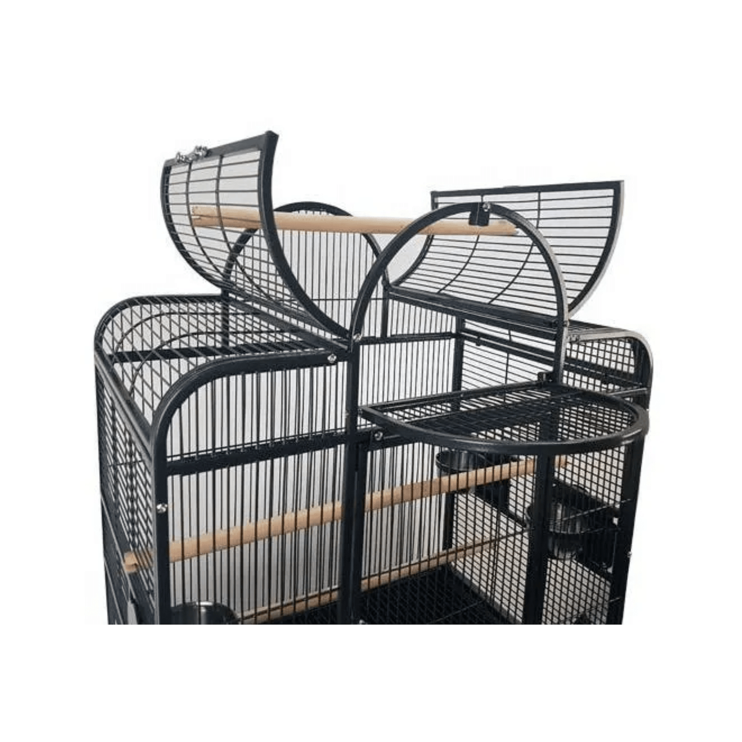 Strong parkietenkooi Bianca bird cage with open top, wooden perches, stainless steel feeders, and sturdy black frame.