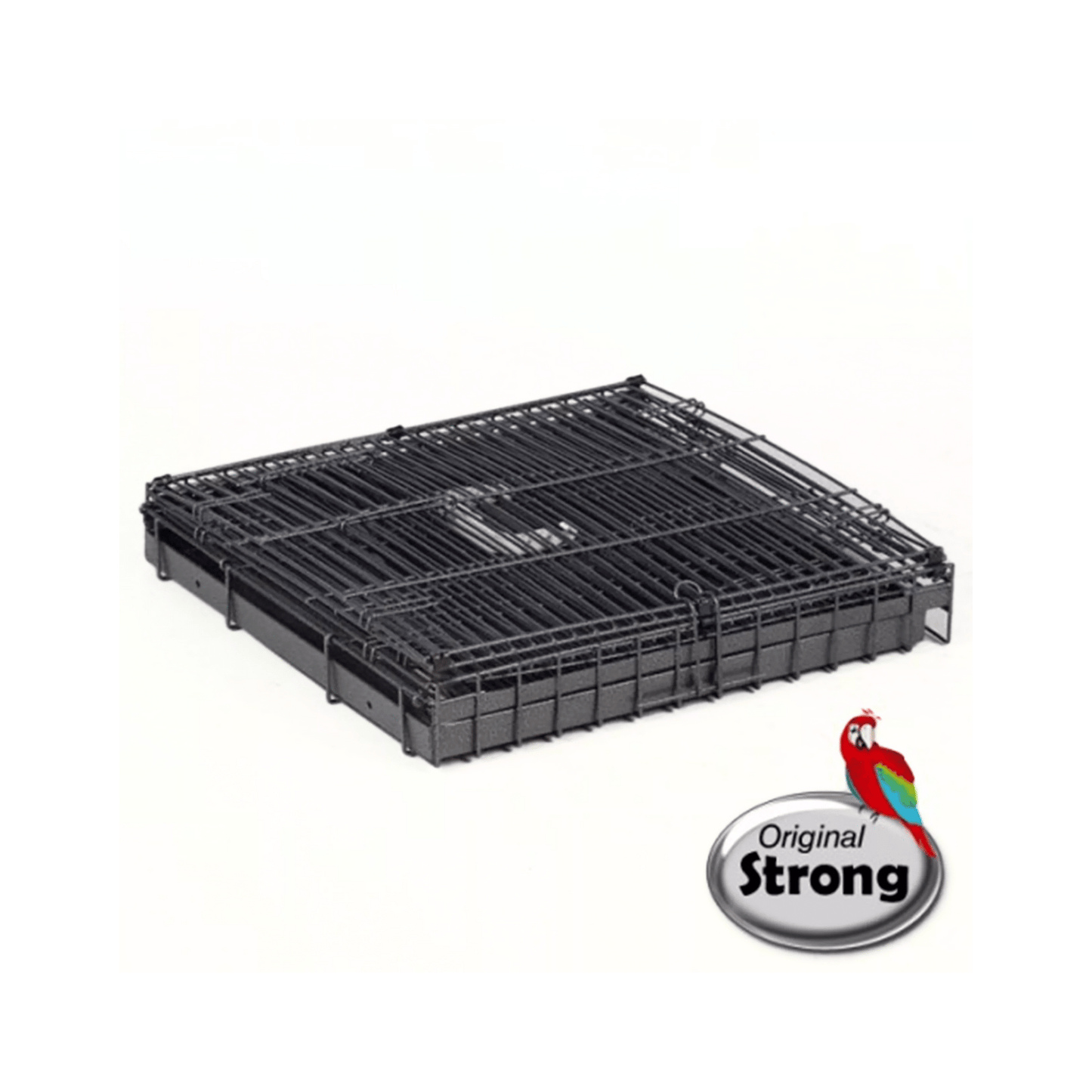 Folded black metal bird transport cage with handle, labeled Strong Transportkooi Traveler for safe travel.