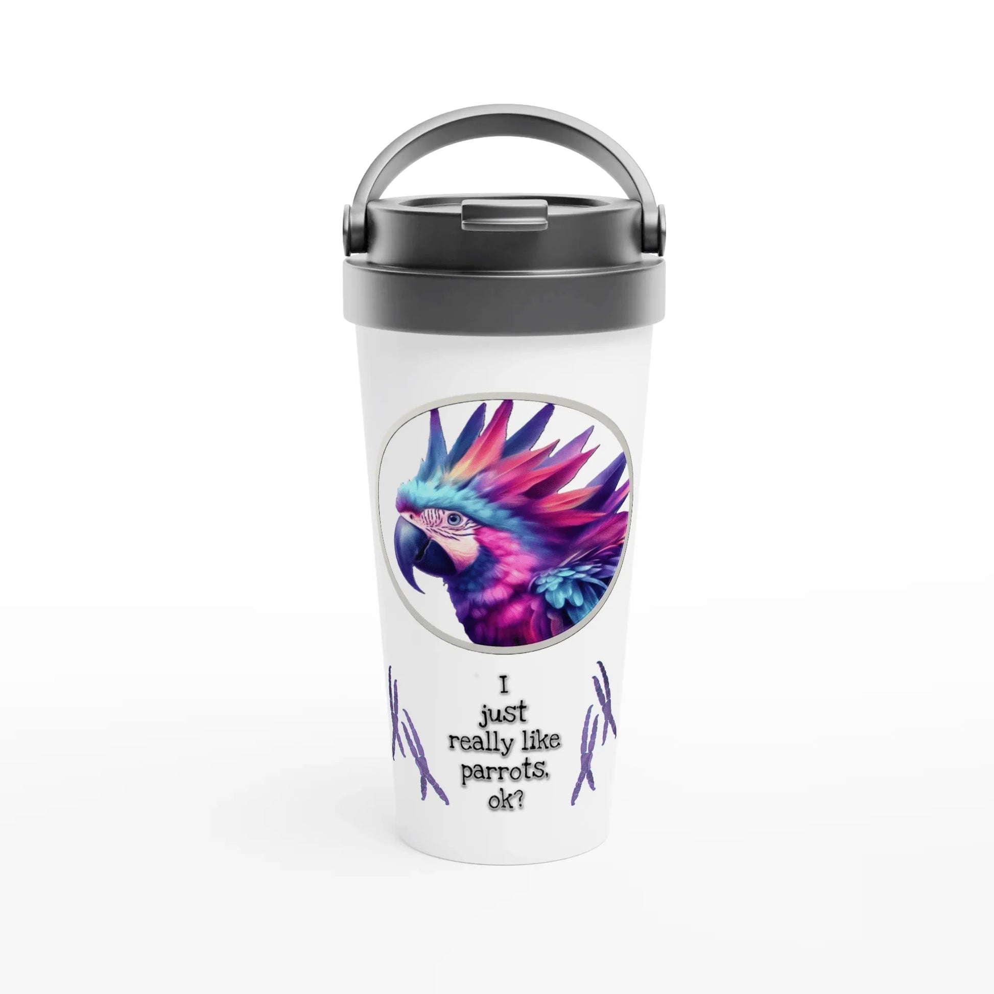 White 15oz Stainless Steel Travel Mug Funky Parrot - Papegaaishop