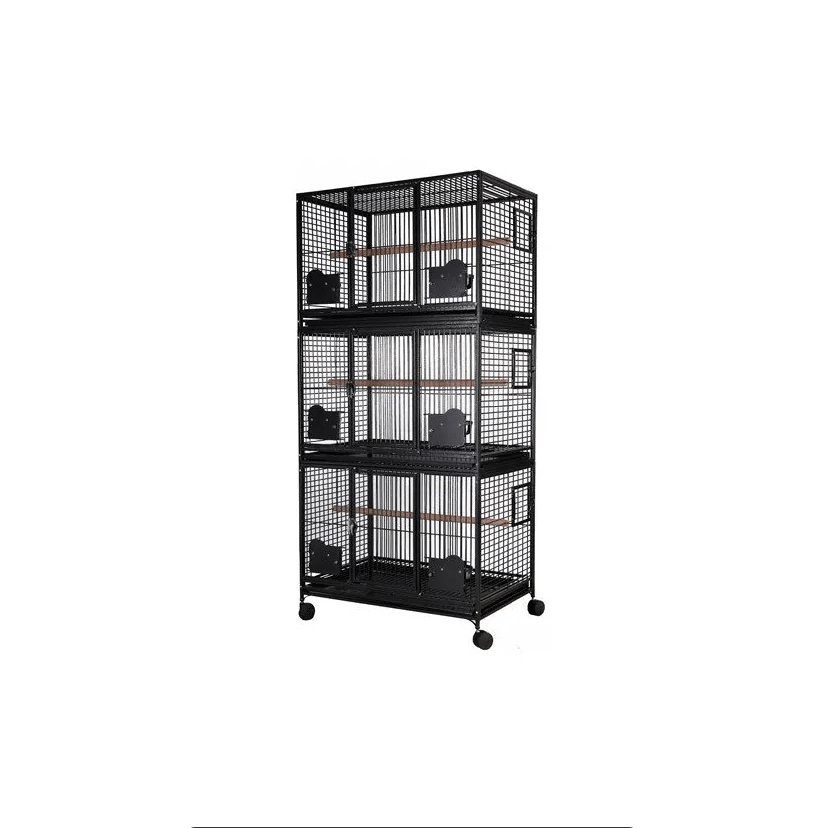 Strong papegaaienkooi flight cage Triple with three levels, wheels, perches, removable trays, and breeding doors in antique gray.