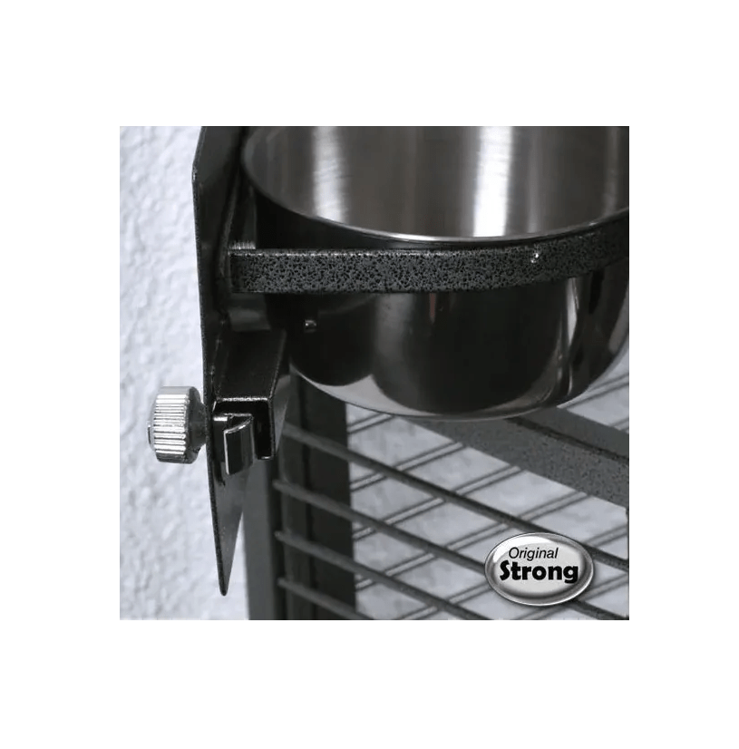 Close-up of metal feeding bowl and sturdy frame in Strong papegaaienkooi flight cage Triple in antique gray finish