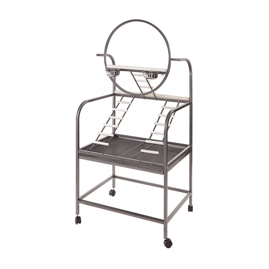 Strong Speelstandaard Natalia , Zilvergrijs metal bird playstand with ladders, perches, feeding bowls, and wheels for mobility.