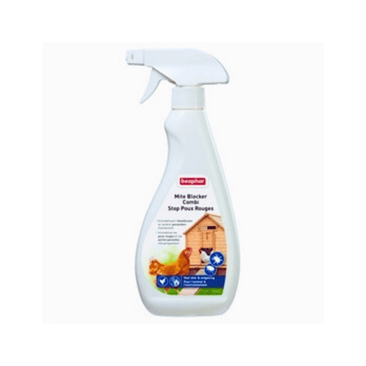 Beaphar mite blocker combi 500 ml spray for protecting non-flying birds from mites and parasites.