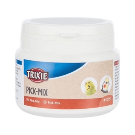 Trixie pick-mix 6x80 gr bird treat jar with seeds, vegetables, bakery products, and added vitamins.