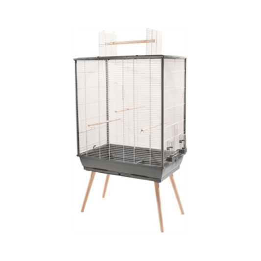 Zolux vogelkooi neo jili xl grijs 81x48x132cm spacious grey birdcage with wooden legs and removable cleaning tray.