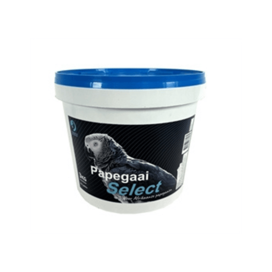 Hareco papegaai select met pellets 3 kg bucket with balanced parrot food mix including seeds and fruit pieces.