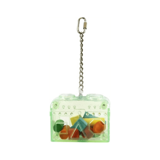 Happy pet schatkist 26x12x7 cm interactive bird toy with colorful blocks and hanging chain for cage play.