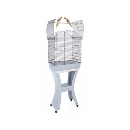 Imac vogelkooi calla birdcage with stand, multiple perches, four feeders, and sliding tray for easy cleaning.