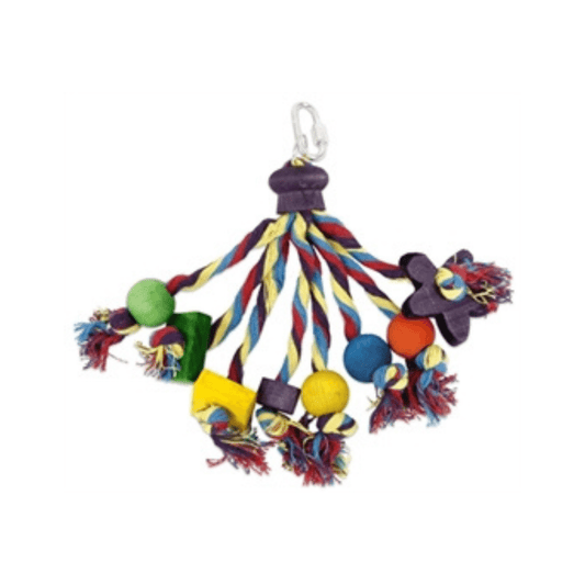 Happy pet speelgoed papegaai carnival assorti 22x11x11 cm colorful bird toy with wood and rope for parrots to play and chew.