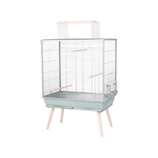 Zolux vogelkooi neolife groen 81x48x130 cm spacious green birdcage with wooden legs and multiple perches for parakeets.