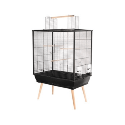 Zolux vogelkooi neo jili zwart 78x48x81112 cm black birdcage with wooden legs and perch in modern Scandinavian design