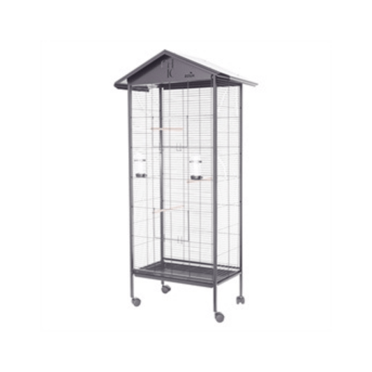 Zolux voliere chic solo zwart 78x48x156 cm black birdcage with roof, wheels, perches, and feeders for easy care.