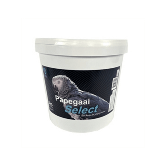Hareco papegaai select met pellets 5 kg container with complete varied parrot food mix including seeds and fruits.