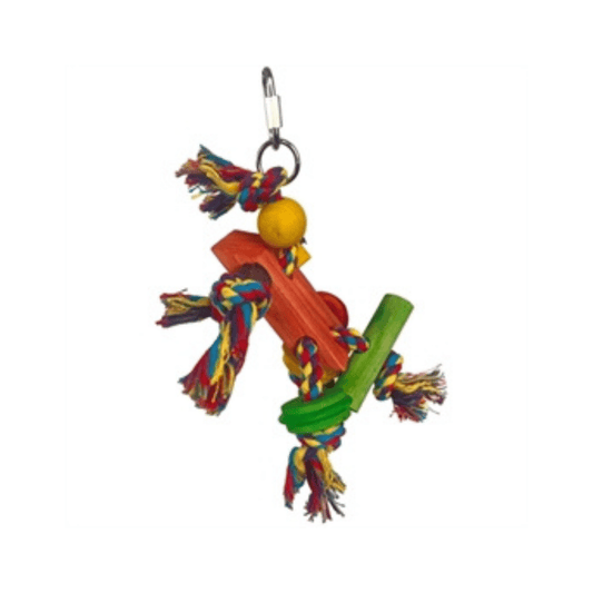 Happy pet speelgoed papegaai fiesta 31x12x10 cm colorful hanging bird toy with wood and rope for large parrots