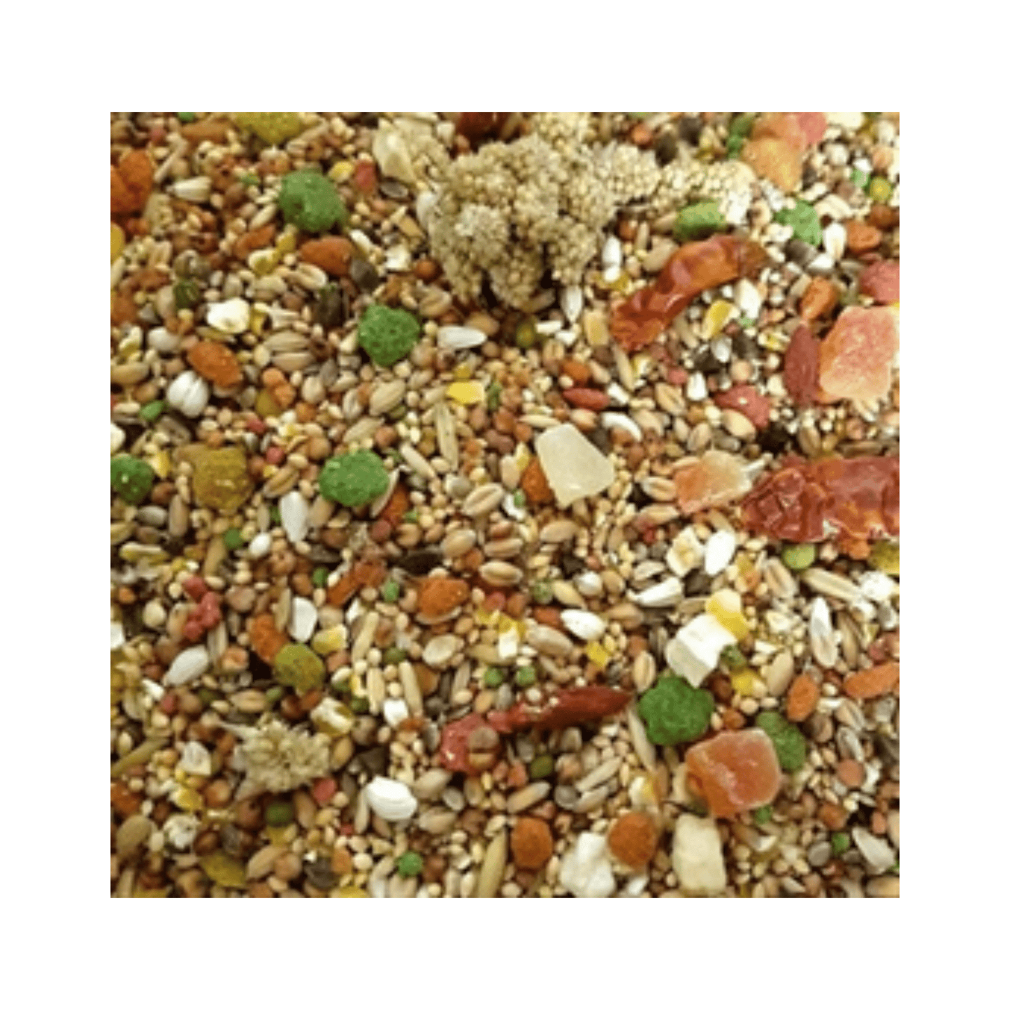 Hareco rose select met pellets 1 kg showing a mix of seeds, pellets, herbs, and dried fruit for Rose Cockatoo nutrition.