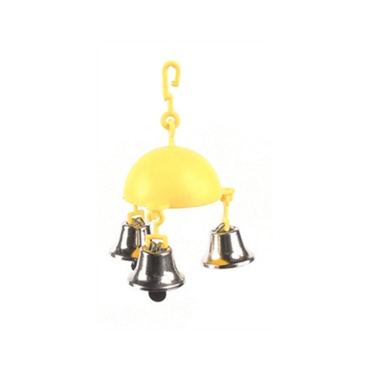 Happy pet trio ringer koepel met 3 bellen 10x8x8 cm yellow dome bird toy with three hanging silver bells.