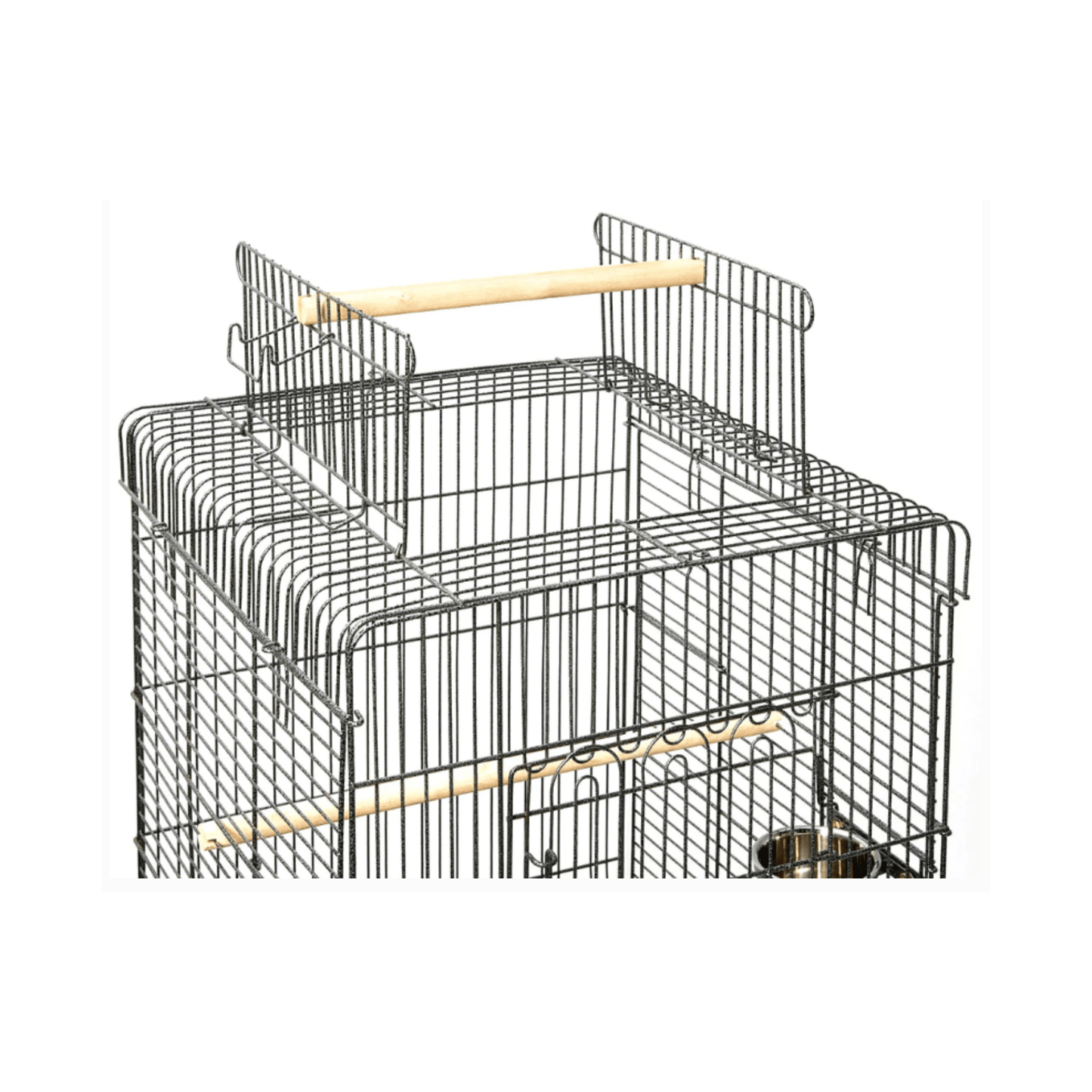 Topmast Parkieten- en Kleine Papegaaienkooi Pionus open top bird cage with wooden perches and stainless steel feeding bowls.