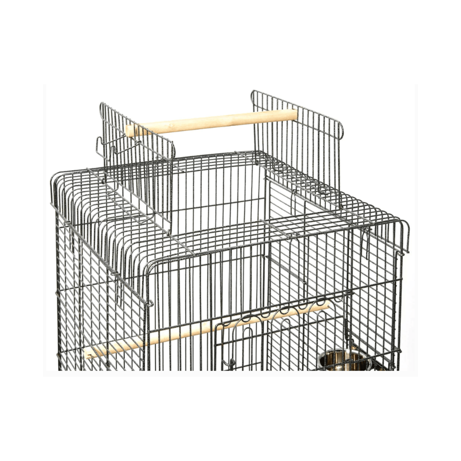 Topmast Parkieten- en Kleine Papegaaienkooi Pionus open top bird cage with wooden perches and stainless steel feeding bowls.