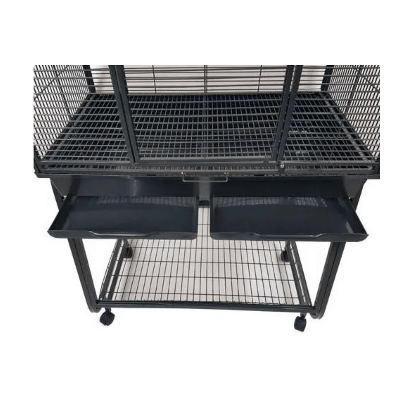 Strong parkietenkooi Bianca with removable trays, sturdy metal frame, and wheeled base for easy cleaning and mobility.