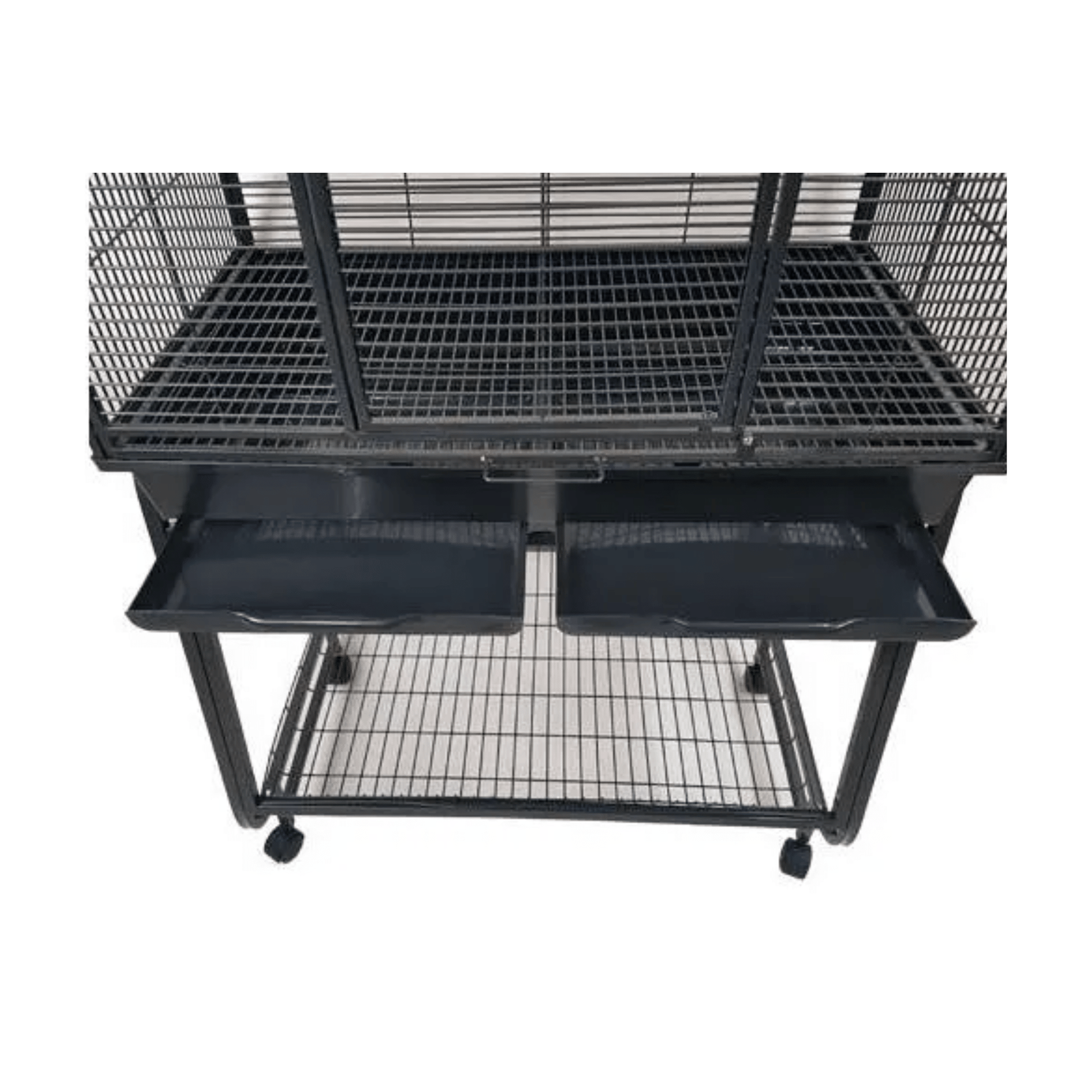 Strong parkietenkooi Bianca with removable trays, sturdy metal frame, and wheeled base for easy cleaning and mobility.