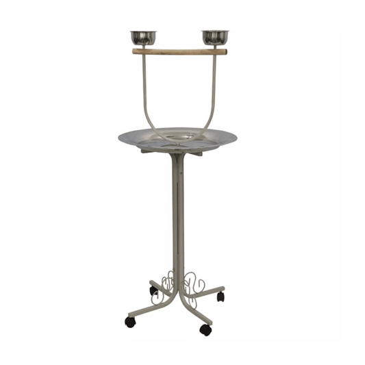 Strong Speelstandaard Amy, Silver Grey bird playstand with stainless steel bowls and sturdy design for parrots.