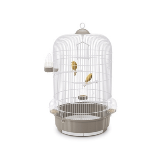 Imac vogelkooi luna taupe 40x40x65.5 cm birdcage with round design, taupe base, and multiple accessories for small birds.