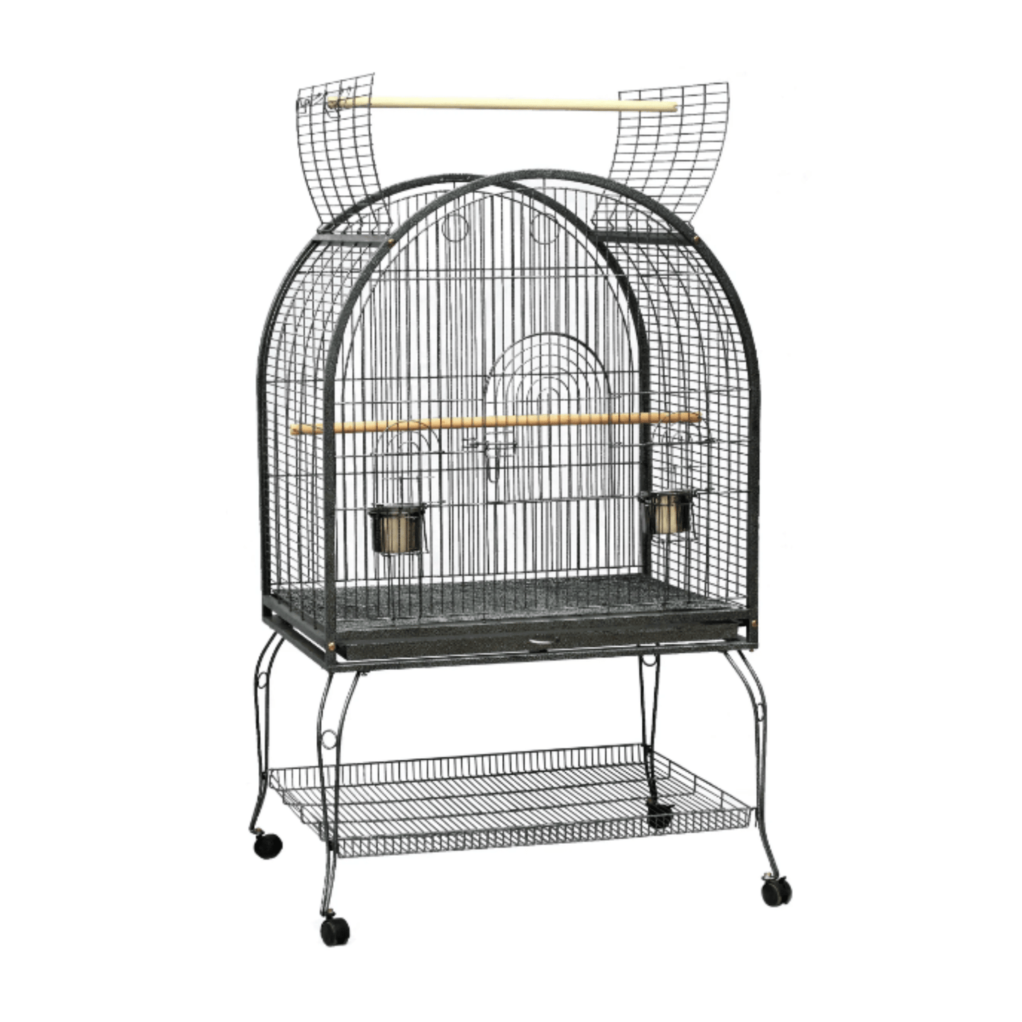 Topmast Parkieten- en Kleine Papegaaienkooi Sunny Bird black metal birdcage with open top and wooden perches on wheels.