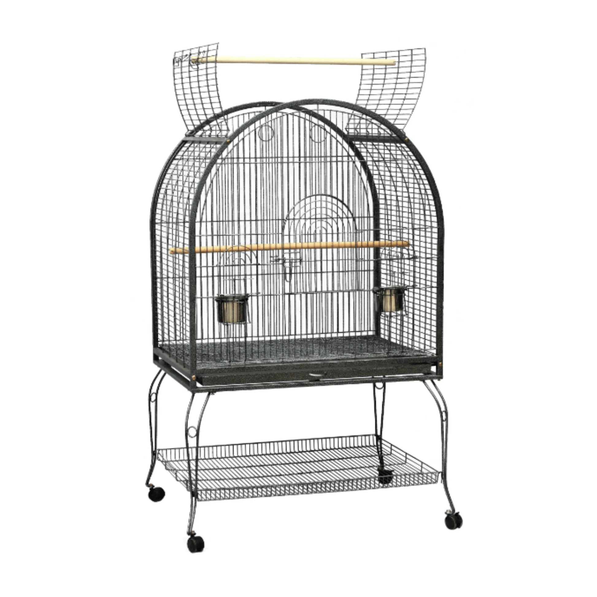 Topmast Parkieten- en Kleine Papegaaienkooi Sunny Bird black metal birdcage with open top and wooden perches on wheels.