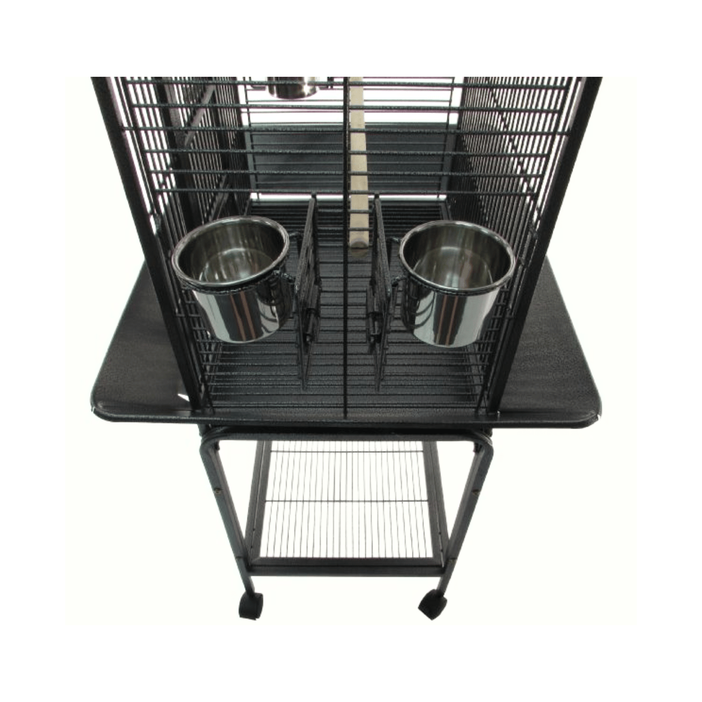 Topmast Parkieten- en Kleine Papegaaienkooi Bologna, Zilvergrijs with stainless steel feeding bowls and wheels.