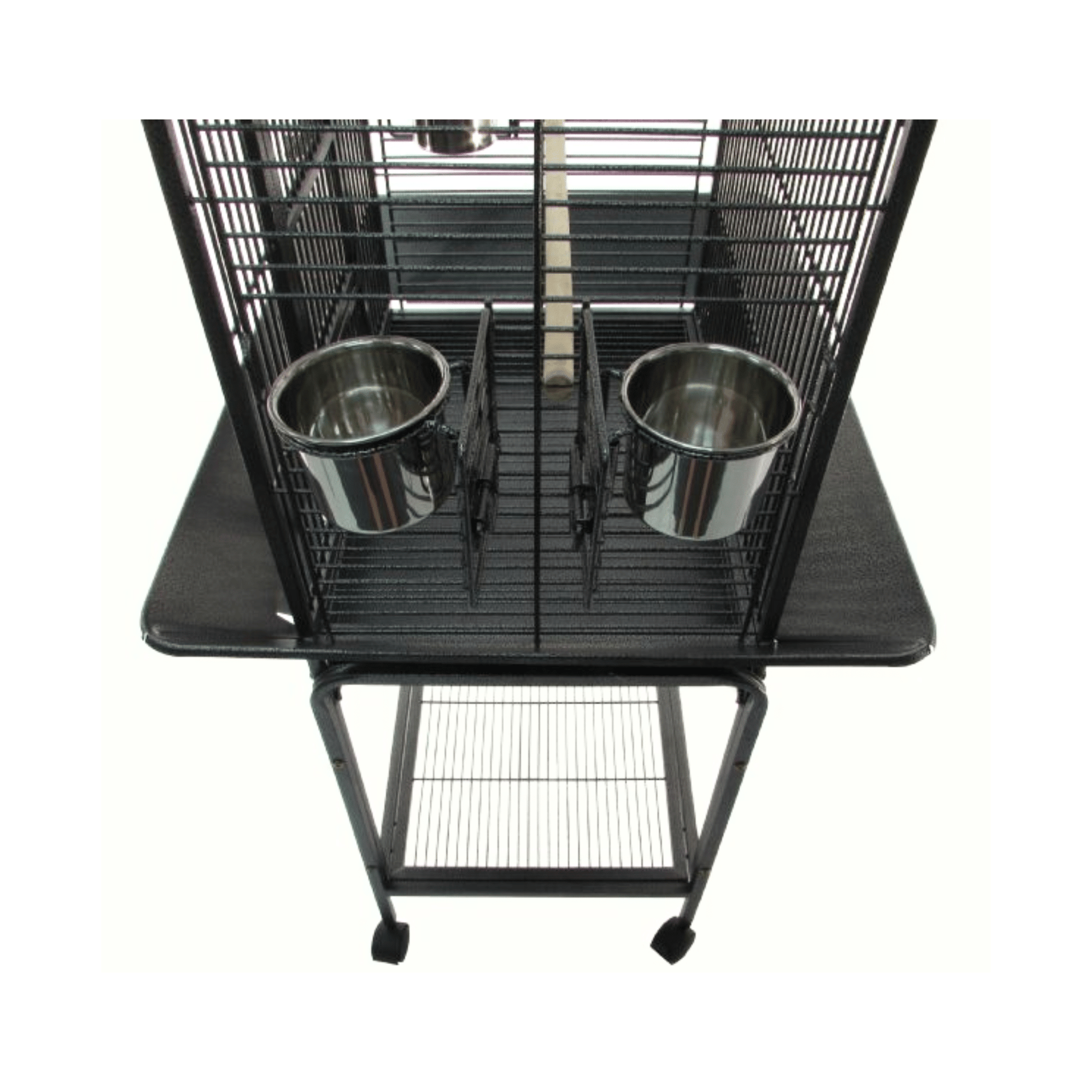 Topmast Parkieten- en Kleine Papegaaienkooi Bologna, Zilvergrijs with stainless steel feeding bowls and wheels.