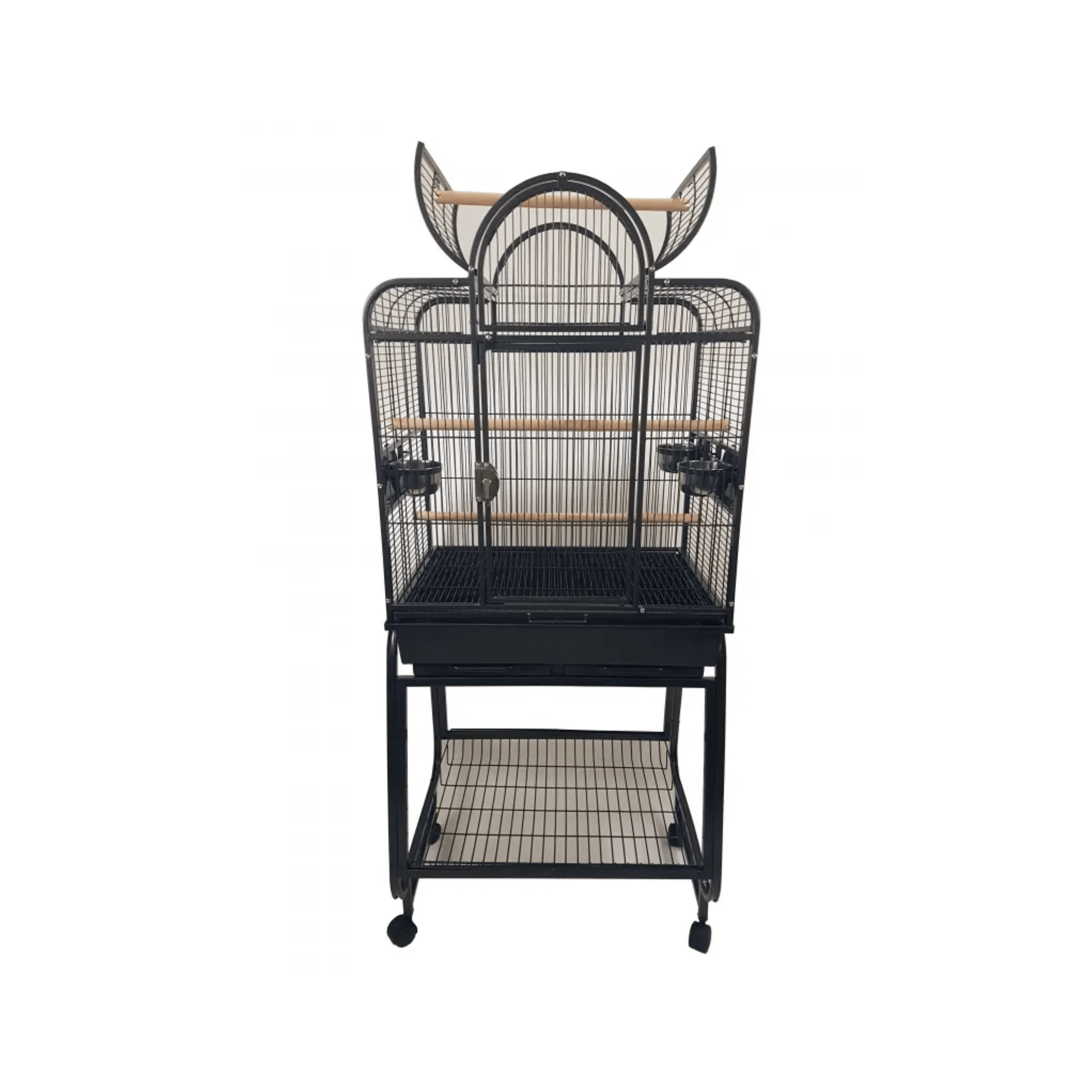 Strong parkietenkooi Bianca bird cage with wooden perches, stainless steel bowls, wheels, and openable top for large parakeets.