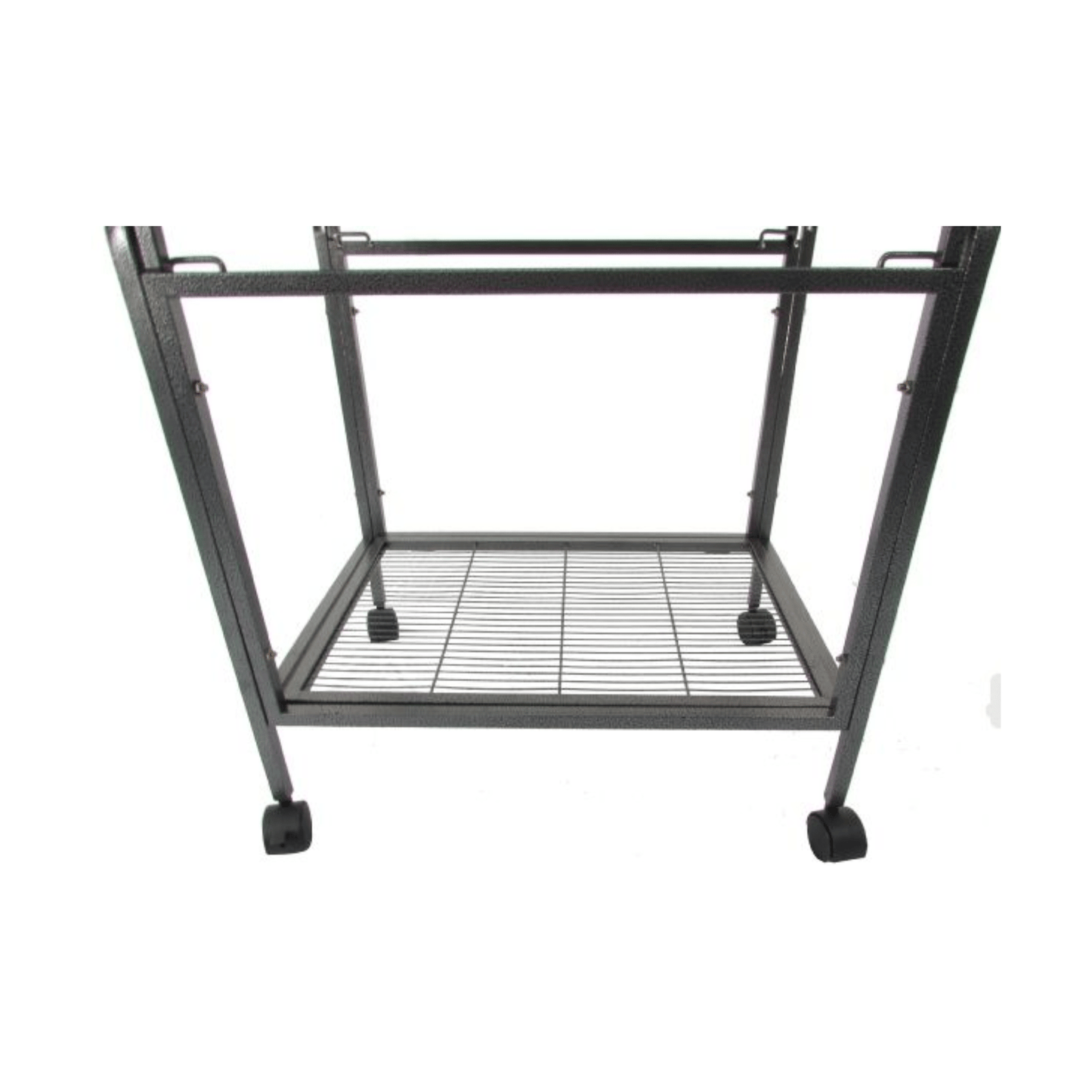 Topmast Parkieten- en Kleine Papegaaienkooi Bologna, Zilvergrijs metal cage base with wheels and slide-out tray visible.