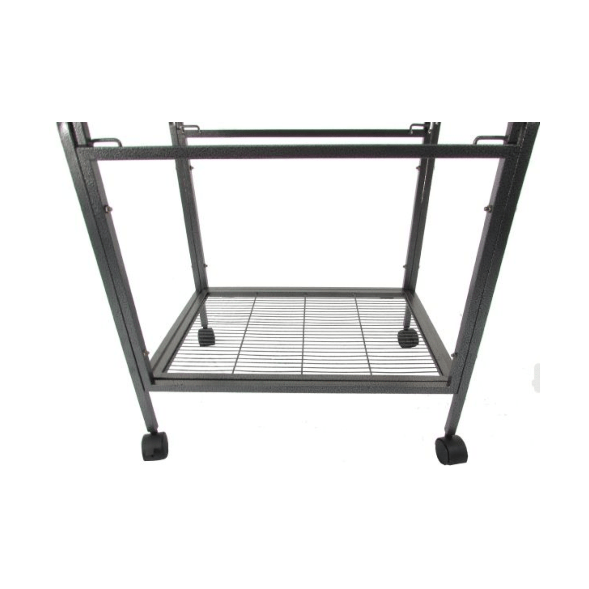 Topmast Parkieten- en Kleine Papegaaienkooi Bologna, Zilvergrijs metal cage base with wheels and slide-out tray visible.