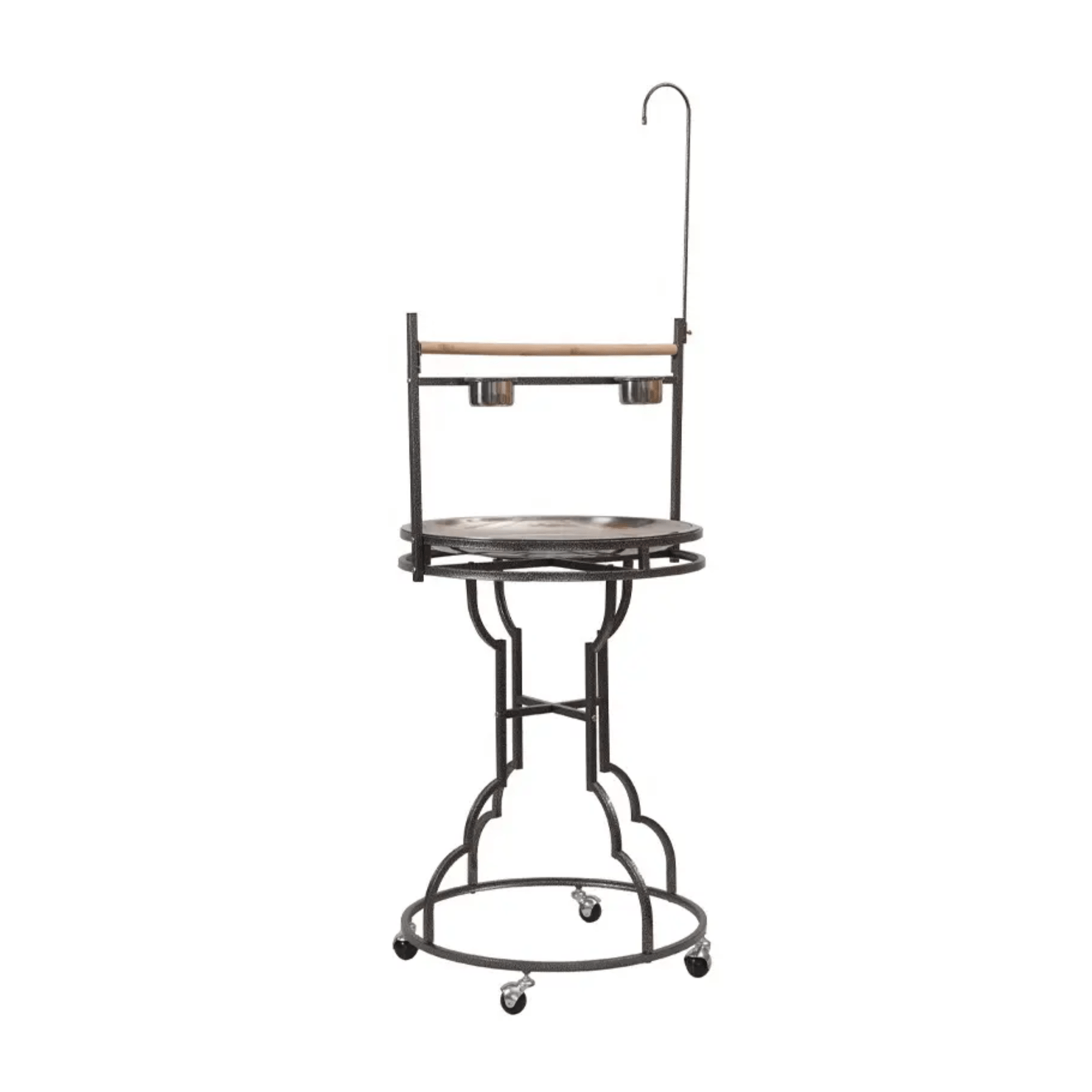 Topmast Speelstandaard Duke bird playstand with wooden perch, stainless steel bowls, metal frame on casters for small parrots.
