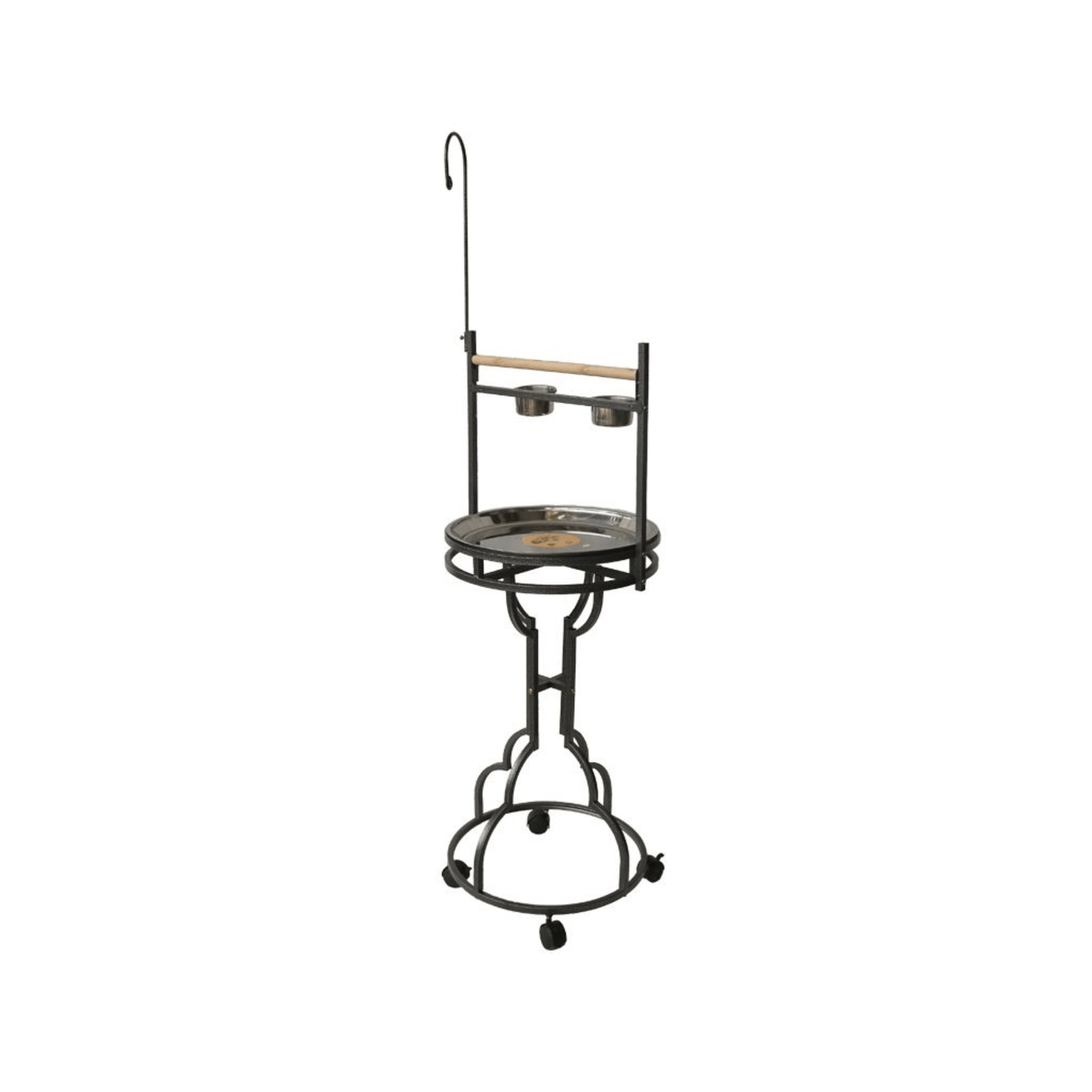 Topmast Speelstandaard Duke bird playstand with wooden perch, stainless steel bowls, metal frame, and caster wheels.