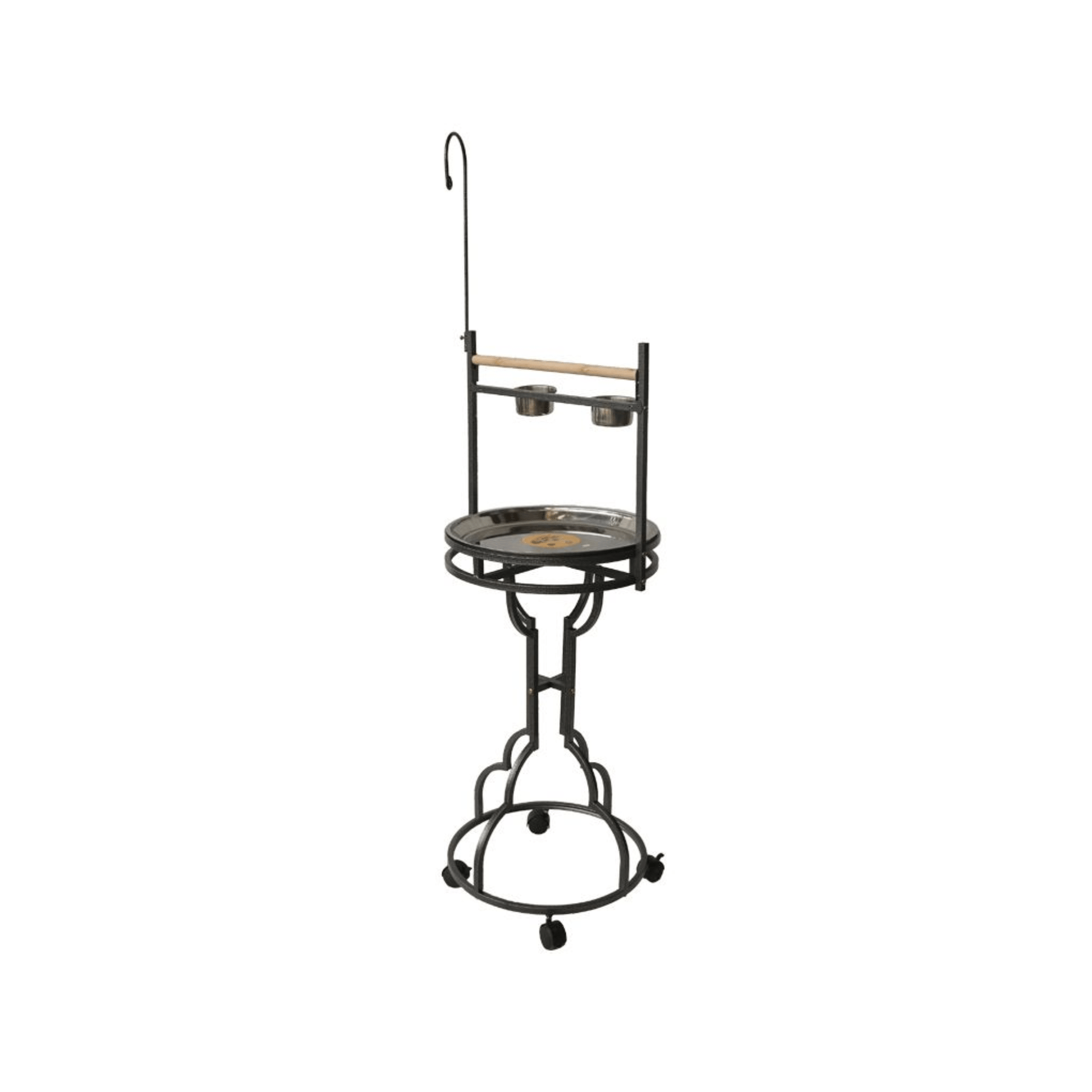 Topmast Speelstandaard Duke bird playstand with wooden perch, stainless steel bowls, metal frame, and caster wheels.