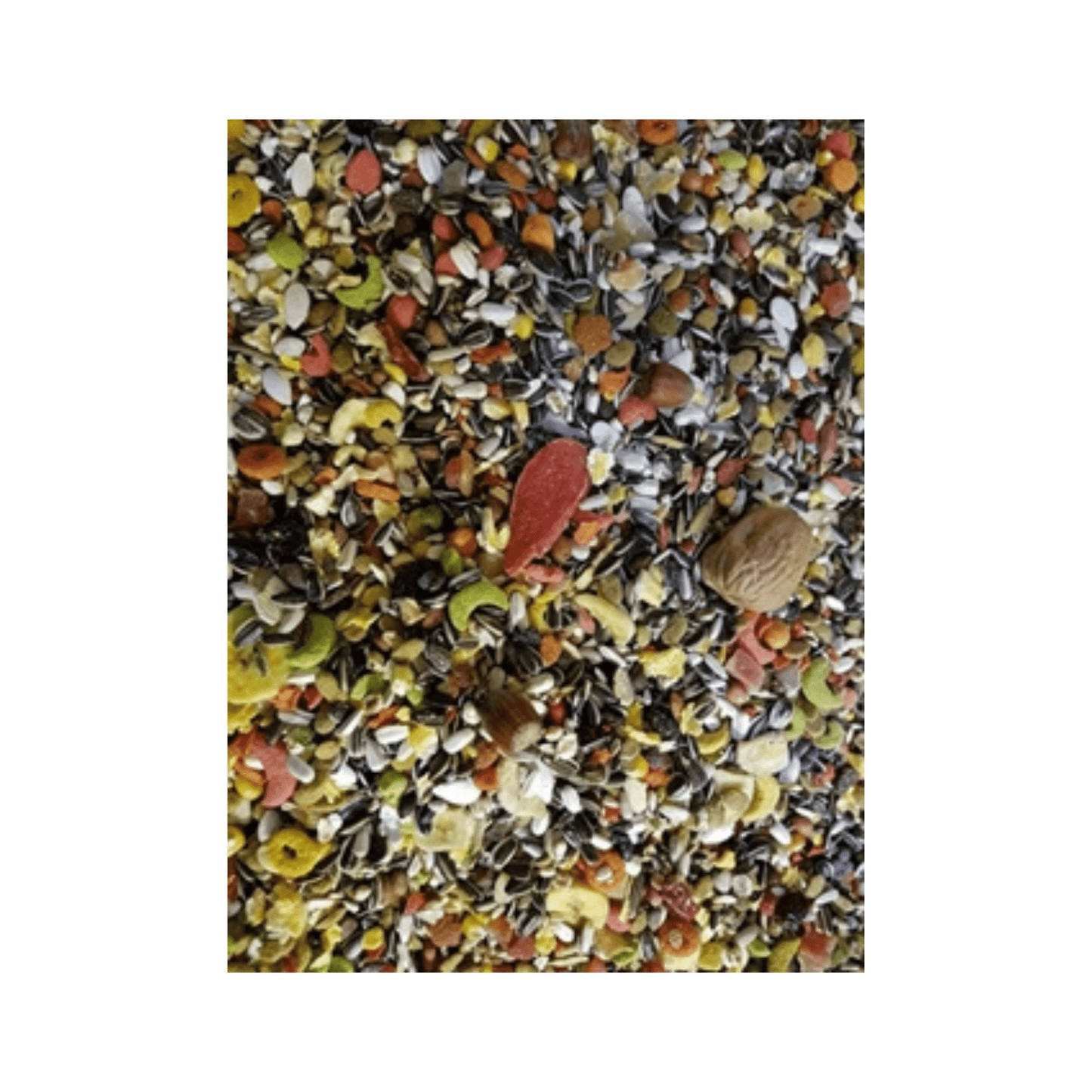 Hareco ara select met pellets 3 kg showing a varied mix of seeds, nuts, pellets, and dried fruit for Ara parrots.