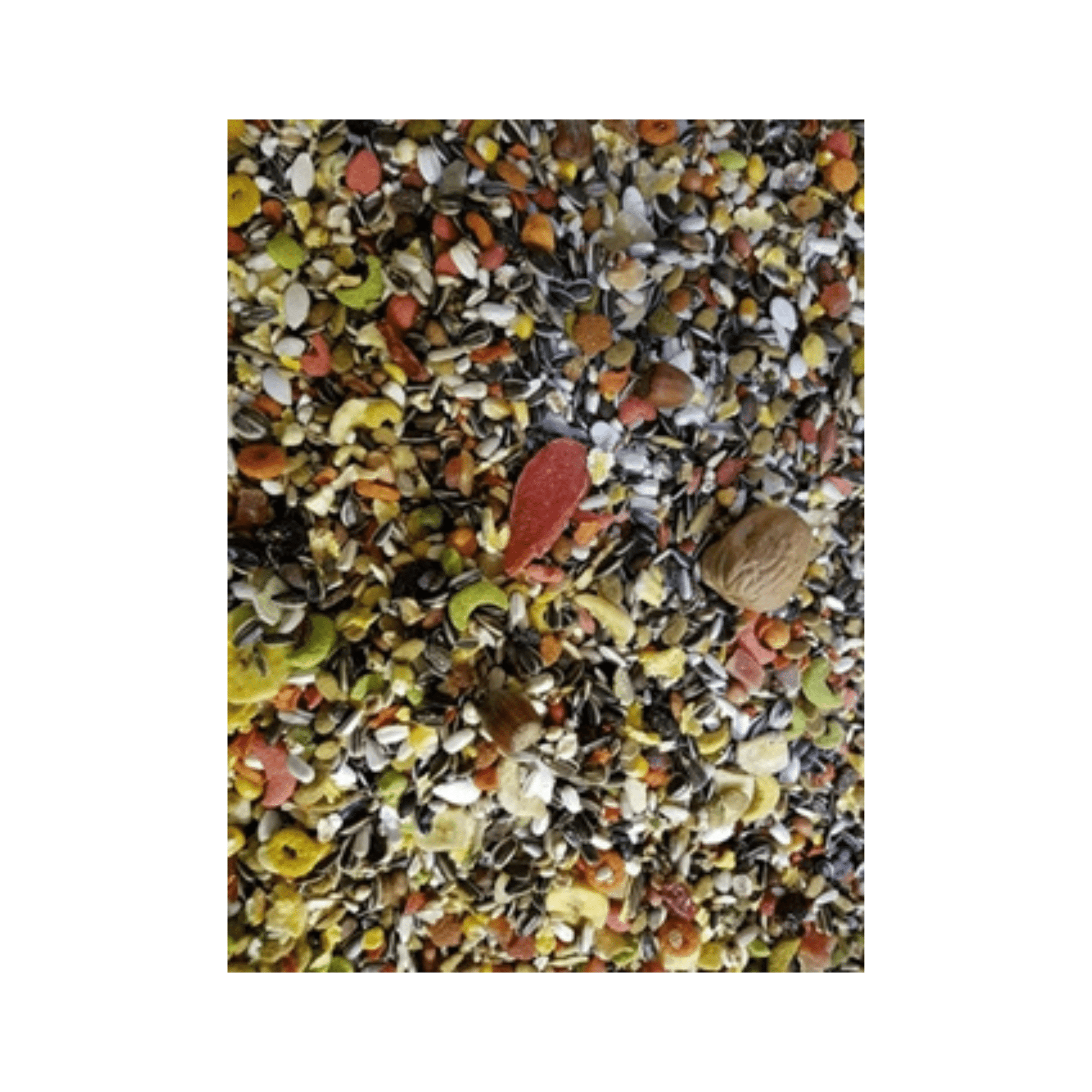 Hareco ara select met pellets 3 kg showing a varied mix of seeds, nuts, pellets, and dried fruit for Ara parrots.