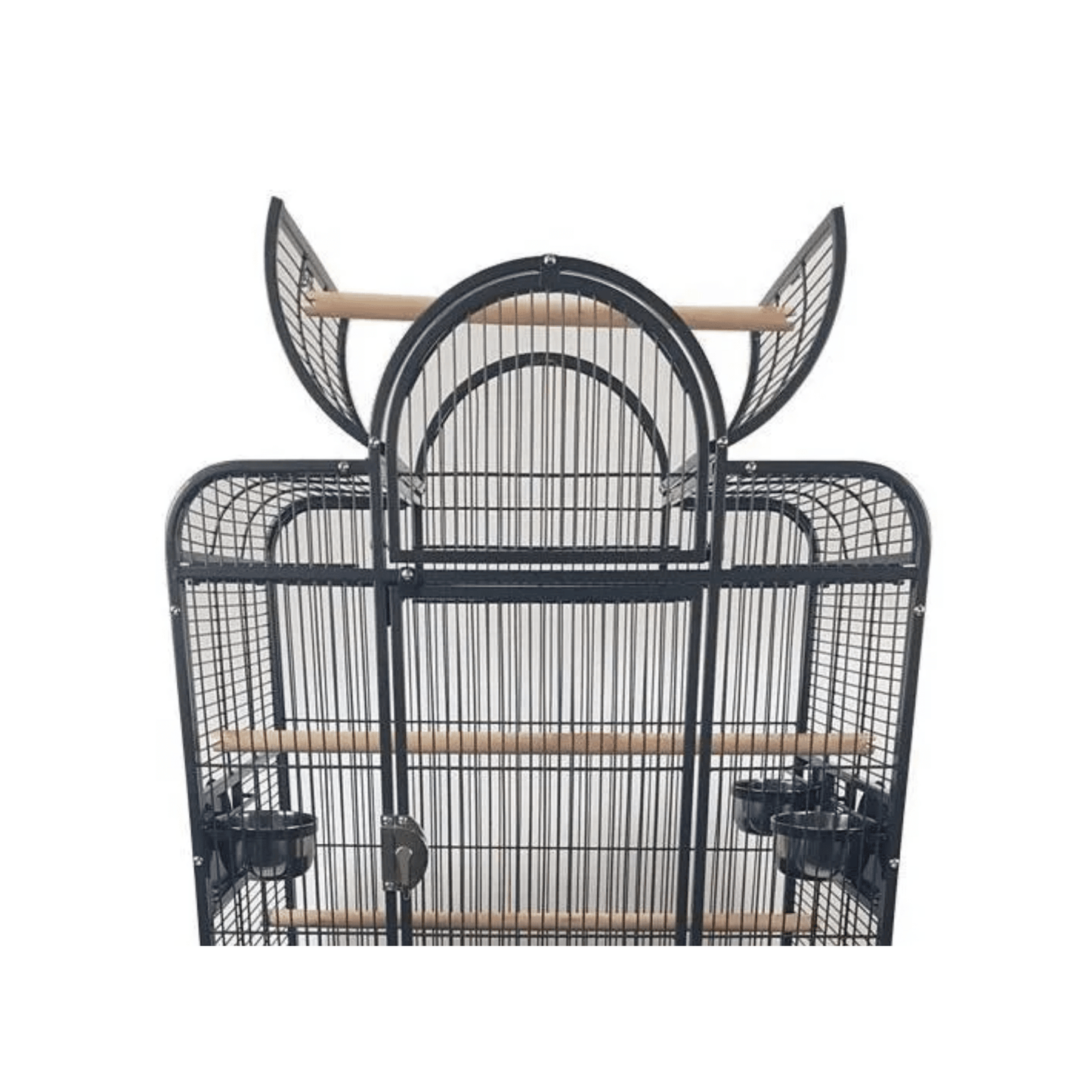 Strong parkietenkooi Bianca with open roof, wooden perches, stainless steel bowls, and sturdy black powder-coated frame.