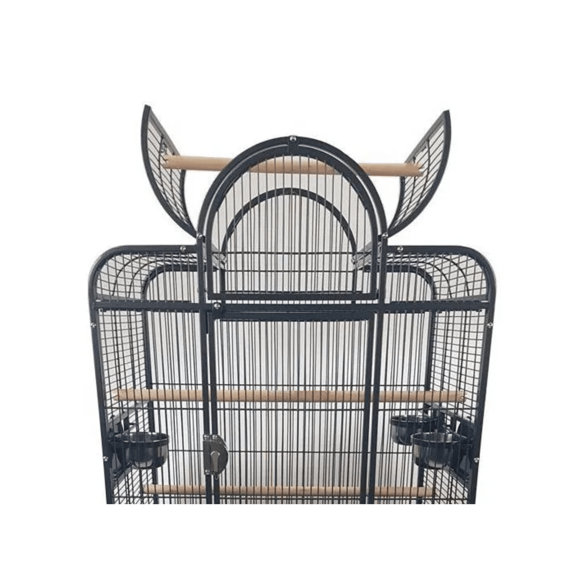 Strong parkietenkooi Bianca with open roof, wooden perches, stainless steel bowls, and sturdy black powder-coated frame.