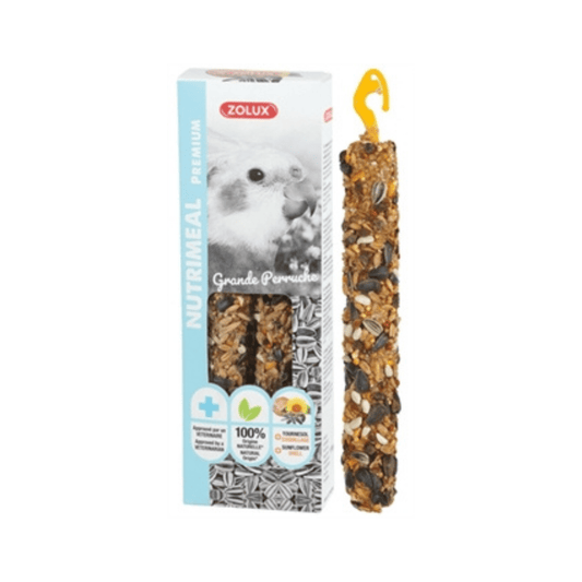 Zolux nutrimeal stick grote parkiet/papegaai zonnebloempitten 110 gr 2 st bird treat with sunflower seeds and hanging clip