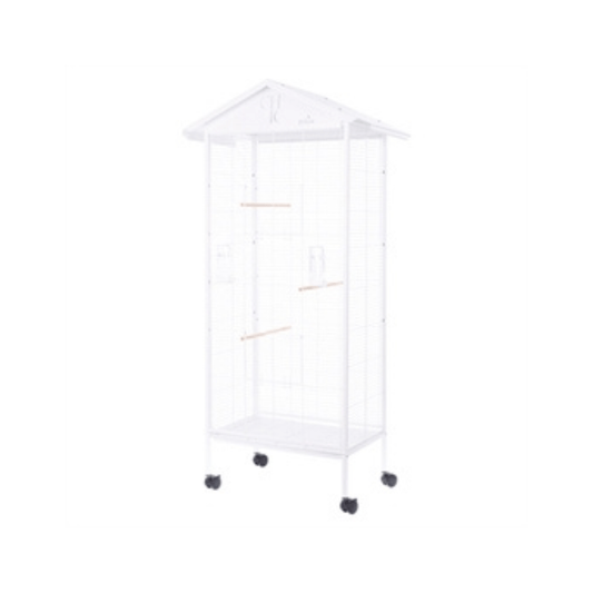 Zolux voliere chic solo wit 78x48x156 cm white birdcage with wheels, pull-out tray, perches, and feeder holders.