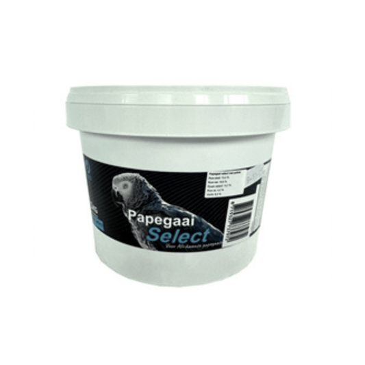 Hareco papegaai select met pellets 1 kg container with nutritious pellets and seed mix for parrots.