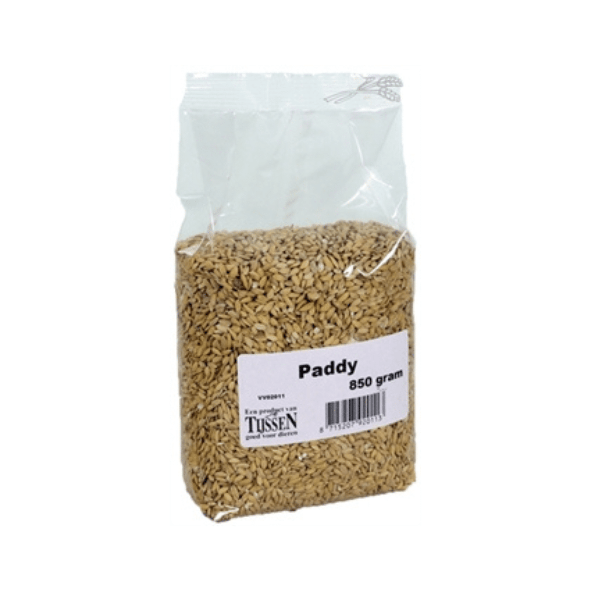 Paddy 850 gr natural unhulled rice bird treat ideal for rice birds in 850 gram clear plastic packaging.